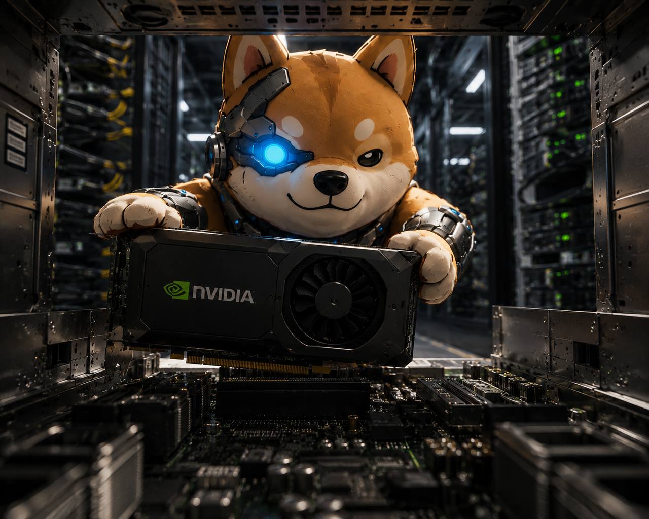 Artificial Inu holding NVIDIA GPU